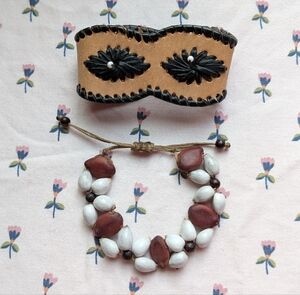 Boho tan leather wristcuff and wood bead bracelets
